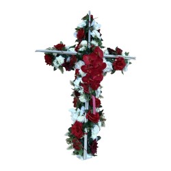 Composition florale funéraire croix de fleurs artificielles rouges et blanches Stockholm - Artiflor