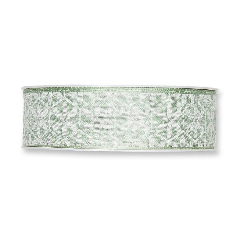 RUBAN TRANSPARENT IMPRIME MOTIF FLEUR 25mm x 20m_VERT