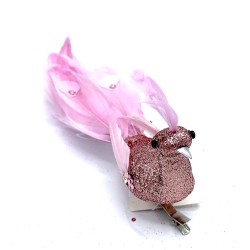 Oiseau avec clip à ressort paillette et plume Rose H8 cm