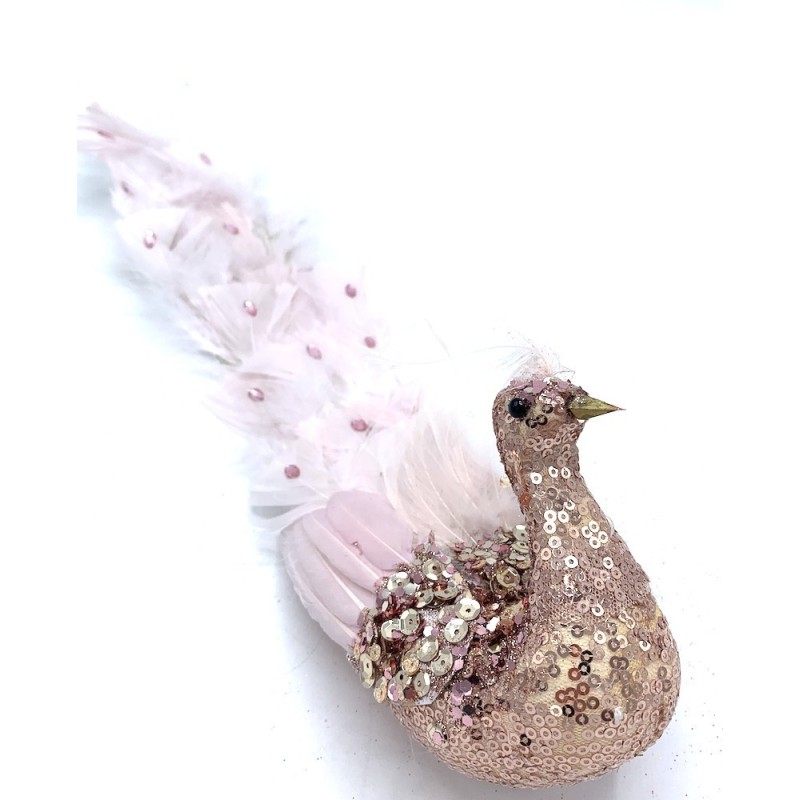 Oiseau avec clip paillette et plume Rose 45x10 H14cm