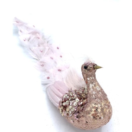 Oiseau avec clip paillette et plume Rose 45x10 H14cm